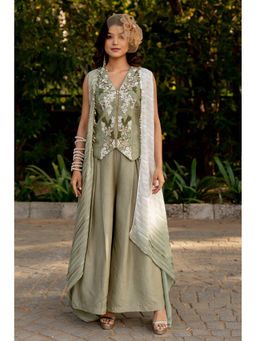 Nikita Vishakha - Green Cape with Vest Top and Flared Pant (Set of 3)
