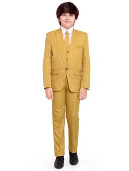 Jeetethnics - Boys Yellow Striped Coat Suit With Waistcoat Shirt And Trousers (Set of 5)