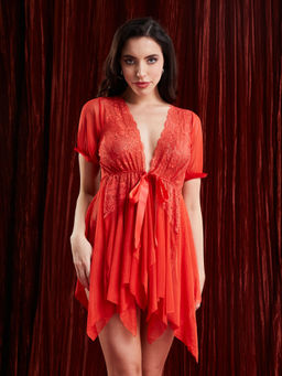 Secrets By ZeroKaata - Red Self Design Baby Doll Lingerie and Thong (Set of 2)