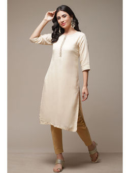 Biba - Womens Beige Solid Rayon Straight Kurta