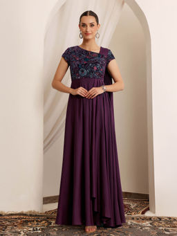 Miss Chase - Luxe Women's Purple Asymmetric Draped Ethnic Gown in Embroidered Satin