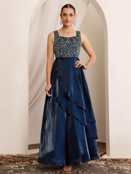 Miss Chase - Luxe Women's Sleeveless Navy Blue Ethnic Gown Embroidered in Premium Satin