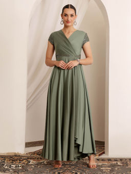 Miss Chase - Luxe Women's Embellished Pale Olive Asymmetric Ethnic Gown Premium Satin