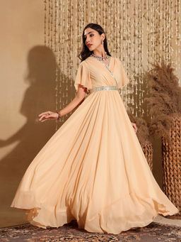 Miss Chase - Women's Peach V-Neck Georgette Solid Fit & Flare Maxi Ethnic Dress