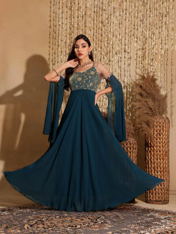 Miss Chase - Women's Teal V-Neck Embroidered Fit & Flare Georgette Maxi Dress