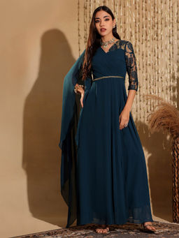 Miss Chase - Women's Teal V-Neck Asymmetric Self-Designed Georgette Maxi Ethnic Dress