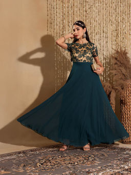 Miss Chase - Women's Teal Round Neck Self Design Flared Georgette Maxi Ethnic Dress