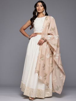 Ahalyaa - Off White Printed Foil Print Ready To Wear Lehenga & Blouse with Dupatta (Set of 3)