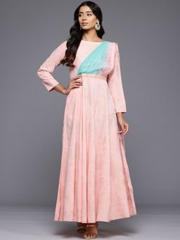 Ahalyaa - Pink Floral Printed Boat Neck Layered Maxi Dress with Attached Dupatta