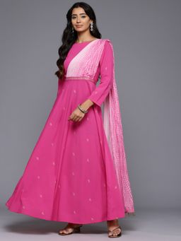 Ahalyaa - Pink Ethnic Motifs Printed Boat Neck Layered Maxi Dress with Attached Dupatta