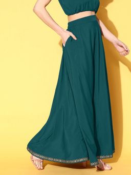 Ahalyaa - Green Solid Flared Maxi Skirt
