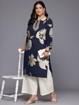 A plus by Ahalyaa - Blue Women Floral Printed Sequinned Floral Georgette Kurta