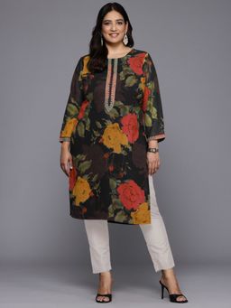 A plus by Ahalyaa - Black Women Floral Printed Sequinned Floral Georgette Kurta