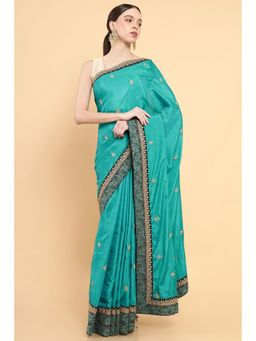 Soch - Women Blue Silk Embroidered Saree with Stitched Blouse