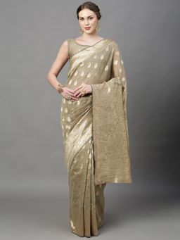 Akhilam - Womens Cotton Silk Beige Woven Design Saree with Unstitched Blouse