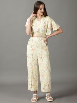 SHOWOFF - Womens Yellow V-Neck Printed Co-Ord (Set of 2)