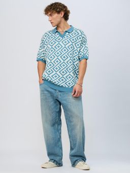 The Souled Store - Originals Jacquard: Blue Retro Men Oversized Polo T-Shirt