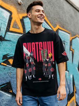 Bewakoof - Official Naruto Men's Jet Black Akatsuki Graphic Printed Oversized T-shirt