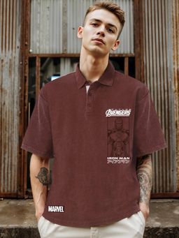 Bewakoof - Heavy Duty 1.0 Marvel Men's Brown Iron Man Graphic Printed Oversized Acid Wash Polo T-shirt