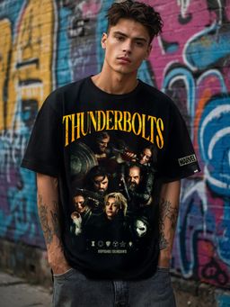 Bewakoof - Official Marvel Men's Black Thunderbolts Graphic Printed Oversized T-shirt