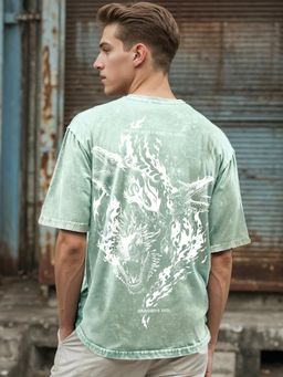 Bewakoof - Men's Green Dragon House Graphic Printed Oversized Acid Wash T-shirt