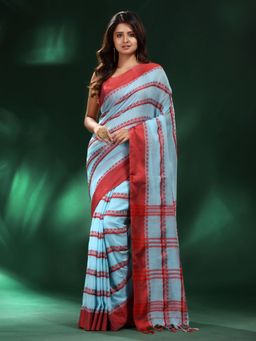 CHARUKRITI - Sky Blue Cotton Soft Saree with Unstitched Blouse