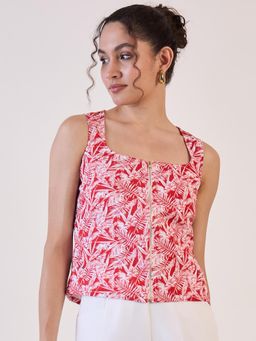 Powersutra - Red Leaf Print Front Zipper Top
