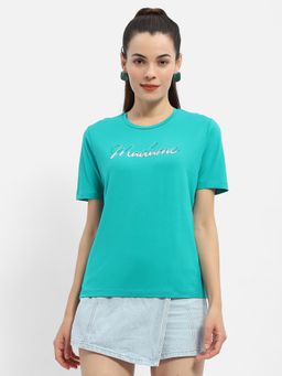 Madame - Round Neck Embellished Green T-Shirt