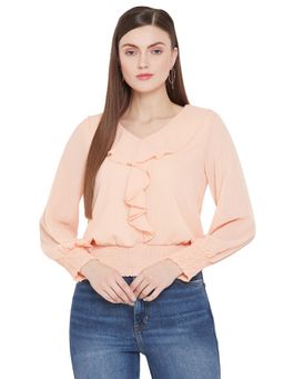 Madame - Pink Cotton Blend Ruffle Detailing Top