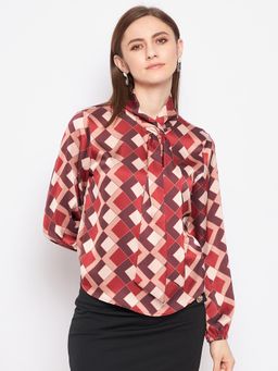 Madame - Geometric Print Tie-Neck Satin Top