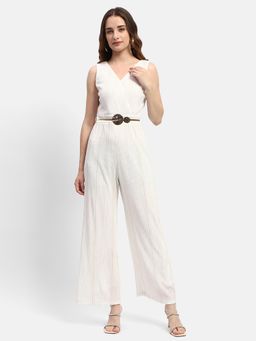 Madame - V Neck White Textured Jumpsuit