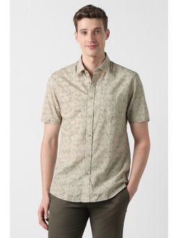 Peter England - Men Beige Cotton Half Sleeves Slim Fit Shirt
