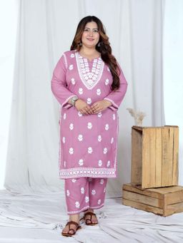 Doriyaan - Womens Plus Size Chikankari Pink Straight Kurta And Pant (Set of 2)
