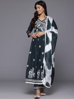 Varanga - Women V-Neck Thread Embroidered A- Line Kurta with Pant and Dupatta (Set of 3)