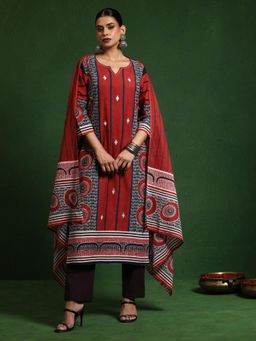 Varanga - Women Maroon Ethnic Printed Kurta with Pant and Dupatta (Set of 3)