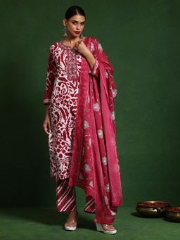 Varanga - Women Pink Floral Printed Thread Embroidered Kurta with Pant and Dupatta (Set of 3)