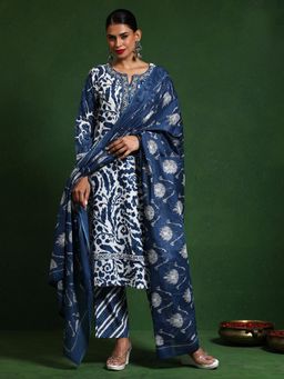 Varanga - Women Blue Floral Printed Thread Embroidered Kurta with Pant and Dupatta (Set of 3)