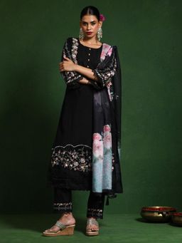 Varanga - Women Floral Thread Embroidered Kurta with Pant and Dupatta - Black (Set of 3)