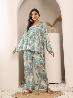 Varanga - Women White and Teal Abstract Printed Top Paired with Straight Printed Pant (Set of 2)