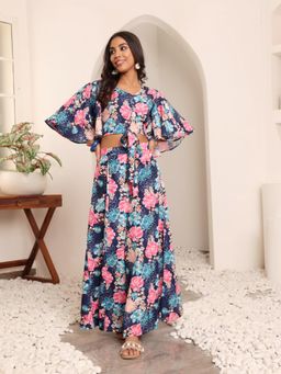 Varanga - Women Blue Floral Printed, Flared Sleeves Crop Top with Wide Palazzo (Set of 2)