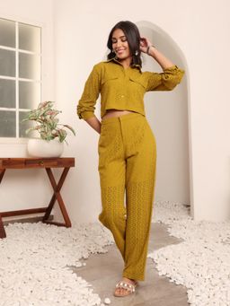 Varanga - Women Olive Green Schiffli Co-Ord (Set of 2)