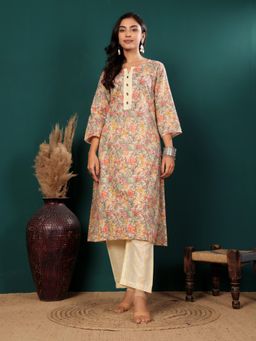 Varanga - Women Beige Floral Printed Straight Kurta with Printed Pant (Set of 2)
