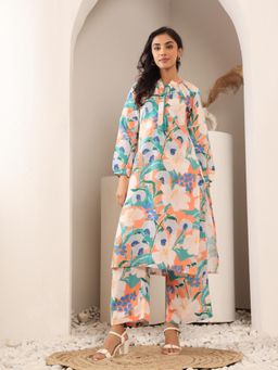 Varanga - Women Orange Floral Printed with Straight Kurta and Printed Palazzo (Set of 2)