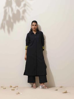 trueBrowns - Black Cotton Linen Kurta Pant Set (Set of 2)