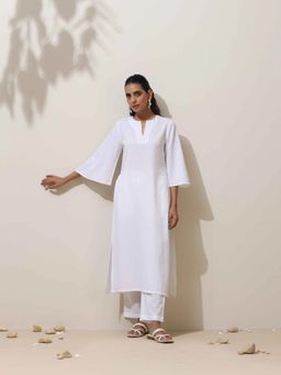 trueBrowns - White Cotton Linen Kurta Pant Set (Set of 2)