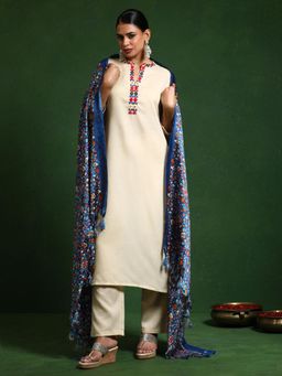 Varanga - Women Mandarin Collar Kurta with Pant and Printed Dupatta (Set of 3)