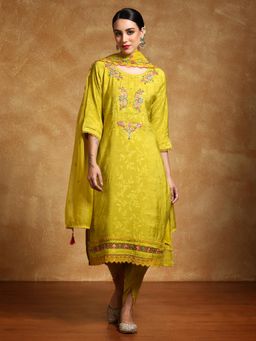 Varanga - Women Floral Motif Thread Embroidered Kurta with Dhoti and Dupatta (Set of 3)