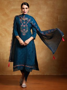 Varanga - Women Floral Motif Thread Embroidered Kurta with Dhoti and Dupatta (Set of 3)