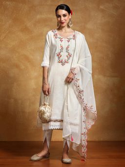 Varanga - Women Floral Motif Thread Embroidered Kurta with Dhoti and Dupatta (Set of 3)