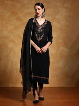 Varanga - Women Floral Motif Thread Embroidered Kurta with Dhoti and Dupatta (Set of 3)